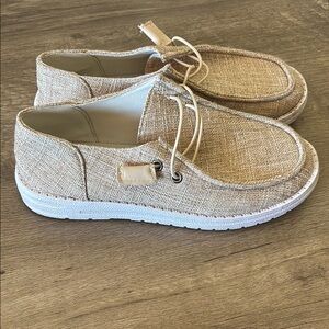 Tan Slip-On Loafers with Textured Fabric and White Sole